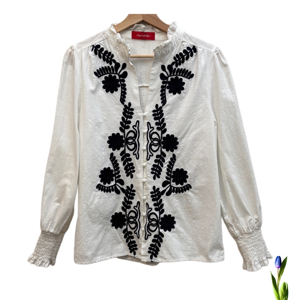 Elegant White Blouse with Blue Embroidery